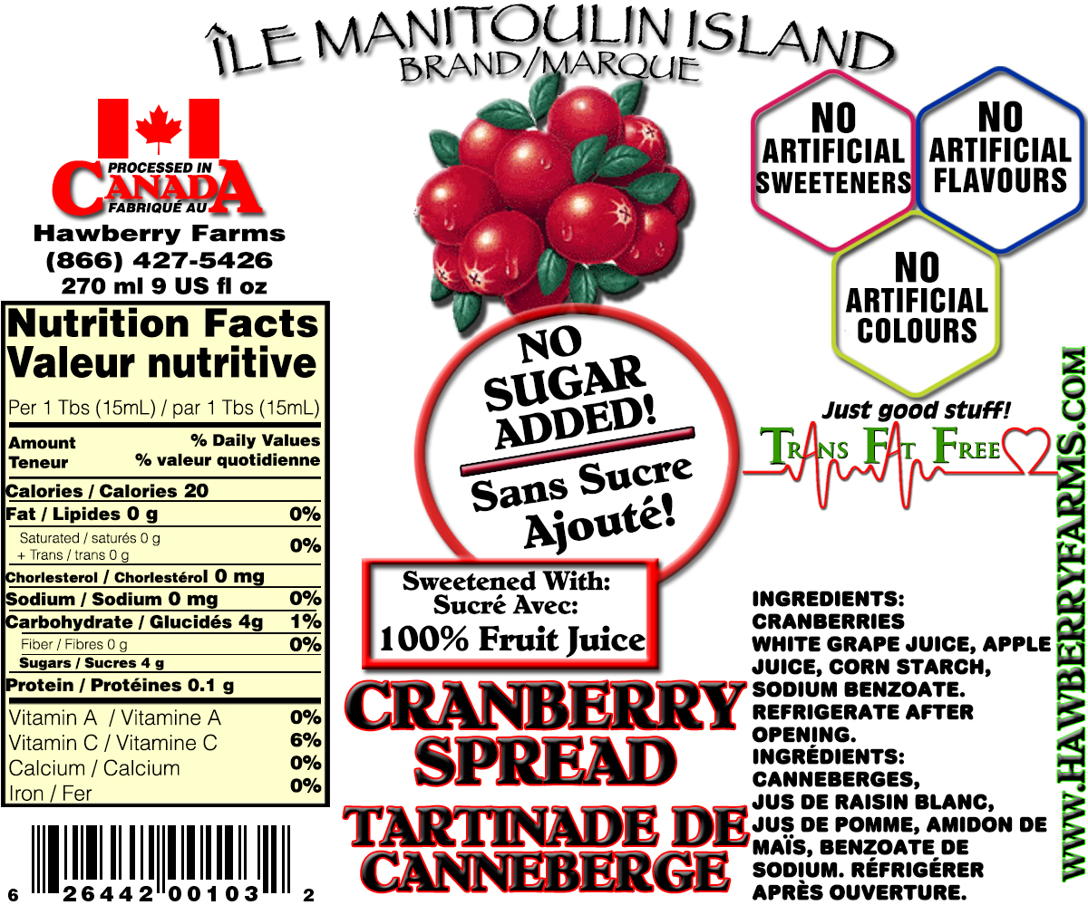 Cranberry No Sugar Added Spread Hawberry Farms of Manitoulin Island