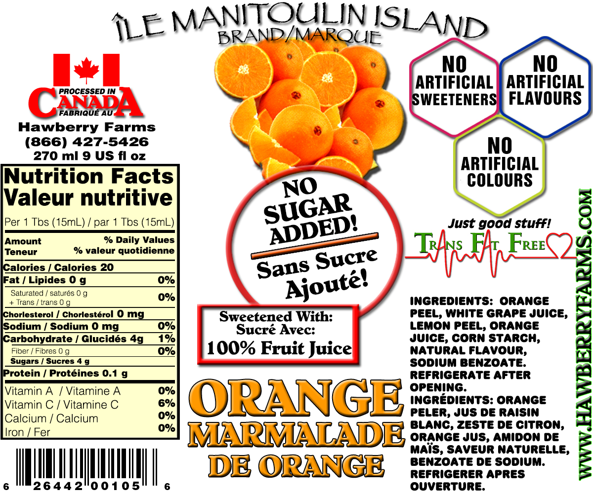 Orange Marmalade No Sugar Added Hawberry Farms of Manitoulin Island
