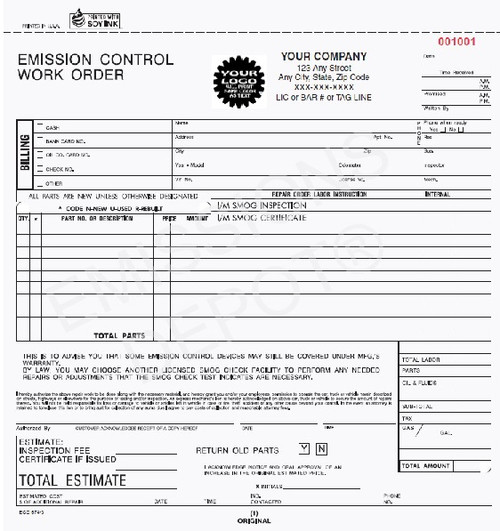 ECO-674-3 Smog Check & Auto Repair Order Form  3 Part Carbon