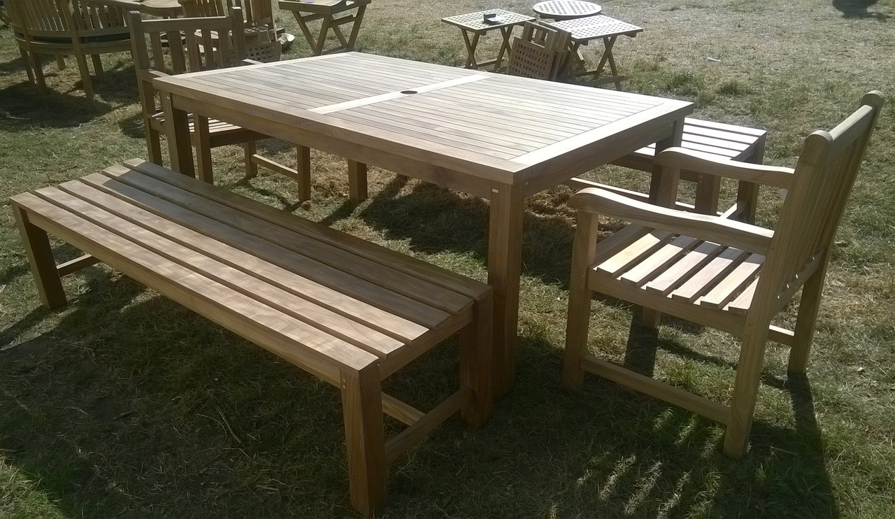 teak picnic table with detached benches