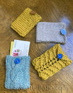 little knit card pouches (top left, clockwise) - garter stitch, stockinette stitch, lace, cable
