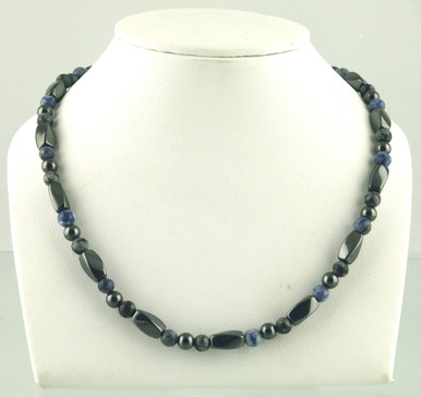 Magnetic necklace made with triple strength magnetic Hematite combined with Snowflake Obsidian and Sodalite gemstones