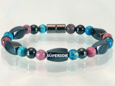 Magnetic bracelet made with triple strength magnetic hematite combined with gemstones Turquoise Impression Jasper and Rhodonite