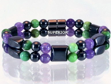 Magnetic bracelet made with a double row of triple strength magnetic Hematite, Amethyst & Chrysoprase Double