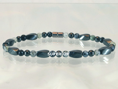 Magnetic Ankle Bracelet made with triple strength magnetic hematite, Moss Quartz & Snowflake Obsidian