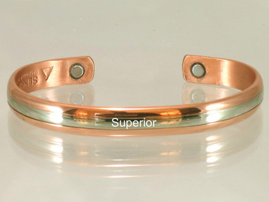 The Two Worlds copper bracelet evolved from the British who prefer to keep their ailments private but they also realize the importance of wearing copper in contact with their skin. Their compromise is to wear copper with silver on top, they call it fondly: "The best of two worlds".