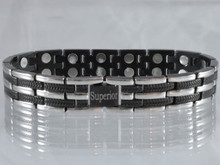 Magnetic bracelet Long Island Silver and Black stainless steel has a 33/64" wide x 15/32" long link with 32 rare earth magnets in 8 5/8" length. It has a magnetic therapy pull strength of 1000 grams.