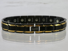 Magnetic Bracelet Rhodium Square Black and Gold 15/32" wide x 13/32" long link with 19 rare earth magnets in 9 1/8" length. It has a magnetic therapy pull strength of 650 grams.