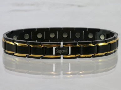 Magnetic Bracelet Rhodium Square Black and Gold 15/32" wide x 13/32" long link with 19 rare earth magnets in 9 1/8" length. It has a magnetic therapy pull strength of 650 grams.
