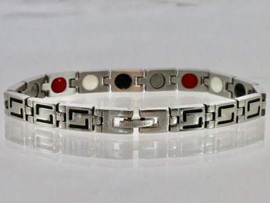 This stainless steel mineral & Magnet bracelet has 15 alternating pieces of  Neodymium magnets, Germanium, Infra-Red and Anion negative ion in a 7 3/8" length. 