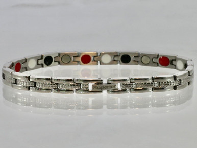 This stainless steel mineral & magnet bracelet has a 1/4" wide x 3/8" long link with 20 alternating pieces of  Neodymium magnets, Germanium, Infra-Red and Anion negative ion in an 8 1/8" length