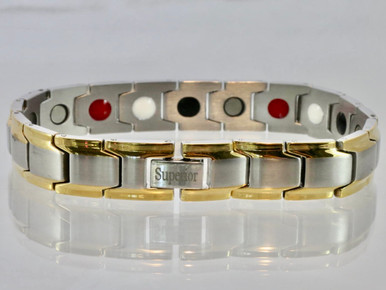 This stainless steel mineral & magnet bracelet has 15/32" wide x 13/32" long links with 19 alternating pieces of Neodymium magnets, Germanium, Infra-Red and Anion negative ion in a  9 1/8" length.