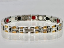 This stainless steel mineral & magnet bracelet with 18 alternating pieces of Neodymium magnets, Germanium, Infra-Red and Anion negative ion in a in an 8" length. 
