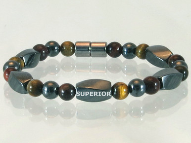 Magnetic bracelet made with triple strength magnetic Hematite combined with Red and Yellow Tiger Eye gemstones