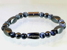 Magnetic bracelet made with triple strength magnetic hematite combined with Snowflake Obsidian gemstones