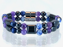 Magnetic bracelet made with a double row of triple strength hematite mixed with Amethyst and Sodalite gemstones.