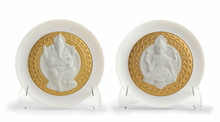 Lladro Goddess Lakshmi and Lord Ganesha Decorative Plates Set. Golden Lustre 4x4 in each 01009155