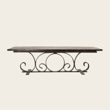 Jan Barboglio Mesa d'Domingo Wood Aged Tabletop with Iron Center Layeer and Circle of Life Iron Base 102x36x30 in 2472