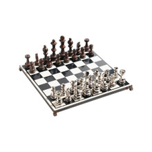 Jan Barboglio Checkmate Marble Chess Board Cast Iron Pieces Suede-lined Iron Bow 16x16x1 in 6943