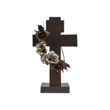 Jan Barboglio Cruz de Rosas Wax Cast Iron Double Cross with Removable Iron Floral Wreath on Iron Base 14x10x24 in 7265