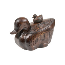 Jan Barboglio Pata Hand-Carved Wooden  Duck Box with Cast Iron Baby Duck on Top of Wood Lid 7x12x8 in 3576