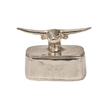 Jan Barboglio Primio Toro Wax Iron Box Atop Longhorn with Leather-line Nickel-plated 5x3x4 in 1451NK
