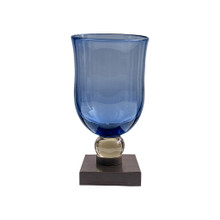 Jan Barboglio Torreon Glass Hurricane with Wax Cut Iron Stand Small Azure 5x5x10 in 4768SM