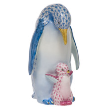 Herend Penguin with Baby Fishnet Blue and Raspberry 4.75 in SVHB-P15828-0-00