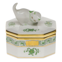 Herend Small Octagonal Box with Cat Chinese Bouquet Green 2.5 x 2.5 in AV----06104-0-26
