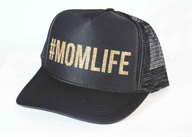 #Momlife Pro style twill and mesh cap with five panels with fused buckram backing and plastic adjustable double snap closure.