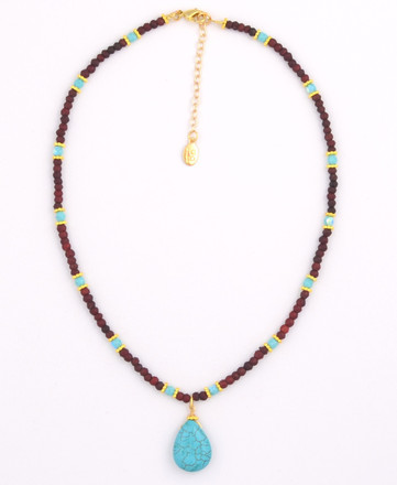 Brown Wood Beads and Turquoise Czech Glass with Turquoise Pendant Necklace