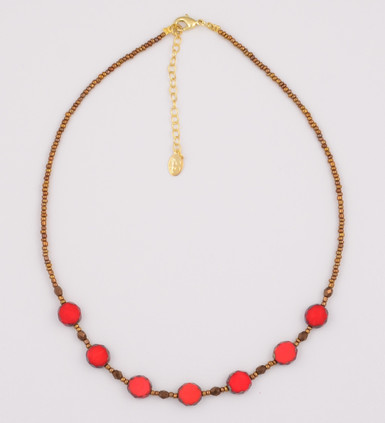 Red Czech Glass and Brown Bead Half Necklace