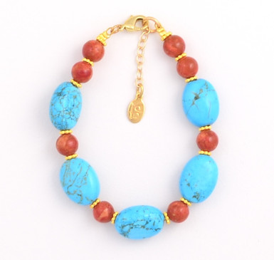 Oval Turquoise and Round Coral Bracelet