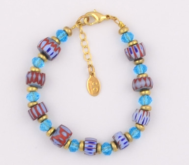 African Beads and Blue Czech Glass Bracelet