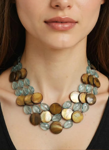 Triple Mother of Pearl and Aquamarine Quartz Necklace