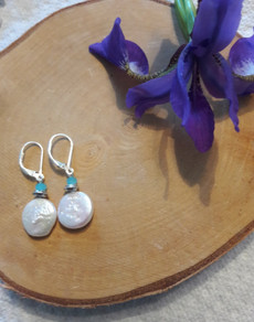 Freshwater Pearl Coin & Turquoise Earrings (Silver 925)
