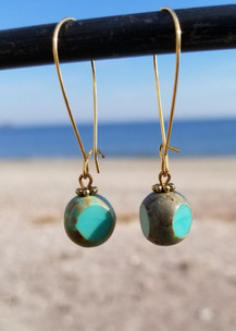Turquoise Czech Glass Medium Hoop Earrings (Gold)