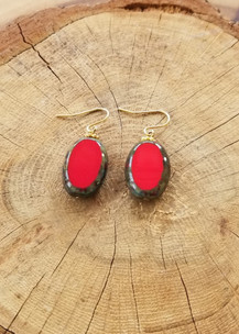 Red Czech Glass Oval Earrings (Gold)
