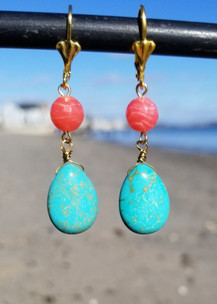 Turquoise and Salmon Coral Earrings (Gold)