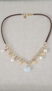Leather Choker Necklace with Pearls and Opalite Pendant
Handmade Item
Length : 14 1/2"
Materials : Leather Cord, Gold Filled 
Brass chain and Coins, Fresh Water Pearls
Closure : Gold Filled Lobster Clasp