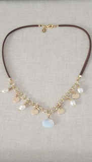 Leather Choker Necklace with Pearls and Opalite Pendant
Handmade Item
Length : 14 1/2"
Materials : Leather Cord, Gold Filled 
Brass chain and Coins, Fresh Water Pearls
Closure : Gold Filled Lobster Clasp
