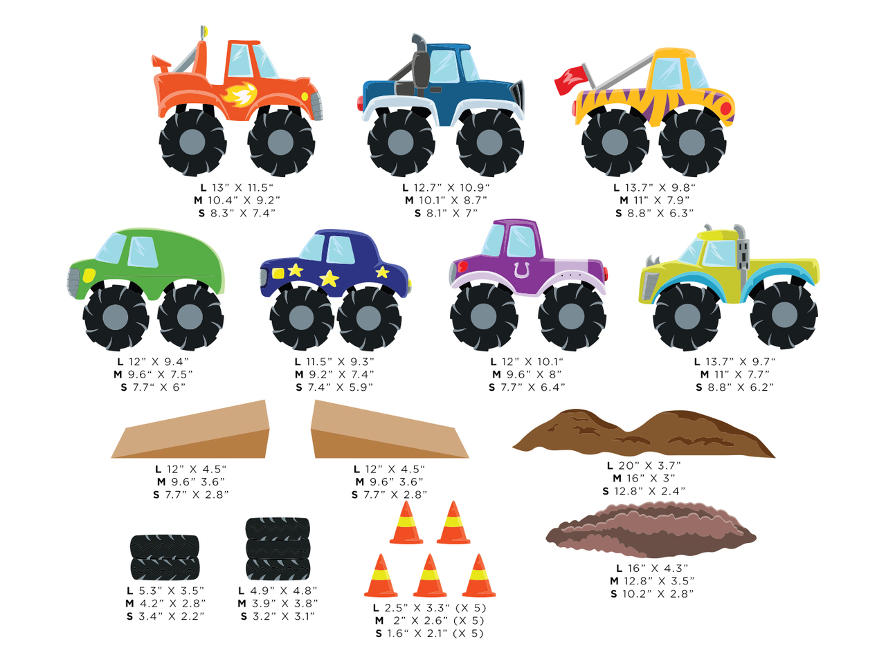 Monster Trucks Fabric Wall Decals Set Of 7 Available In 3 Sizes