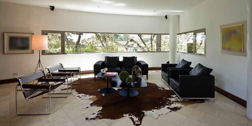 Brwon &  white  cowhides  shown in modern house  with leather  sofas & Courbusier  Chairs