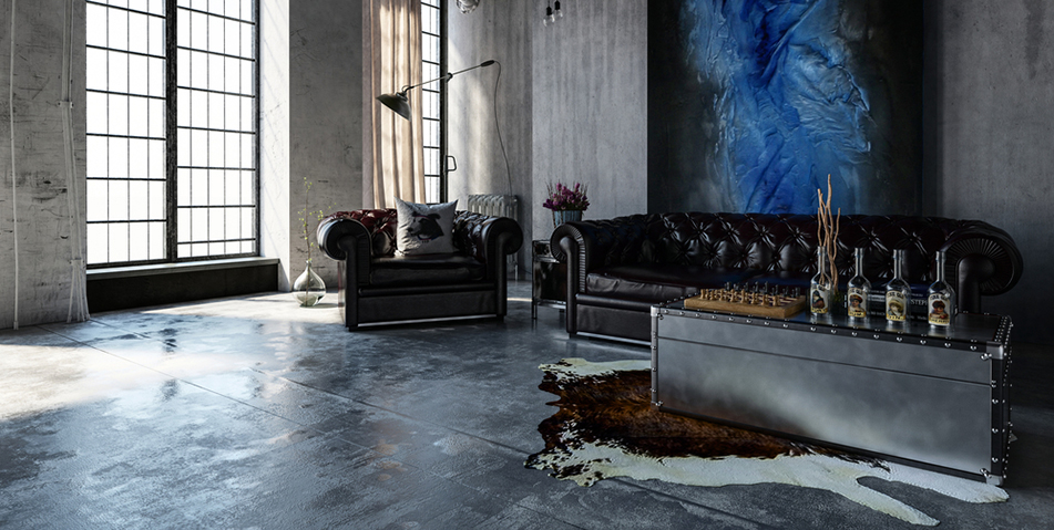 Lrgae  biwn cowhide shown in  warehouse  setting concrete  floors ,chesterfileds & metal  trunk  coffee  table