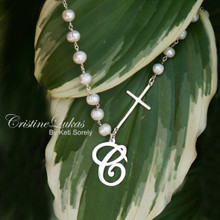 Script Initial Necklace with Sideways Cross and Pearls - Choose Metal