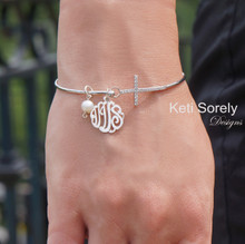 Monogram Charm Bangle with Cross & Pearl - Sterling Silver