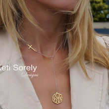 Two Tone Sideways Cross Lariat Necklace With Monogram Initials - Choose Your Metal