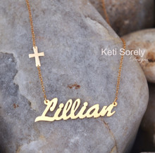 Personalized Hand Made Name Necklace with Small Sideways Cross - Choose Your Metal