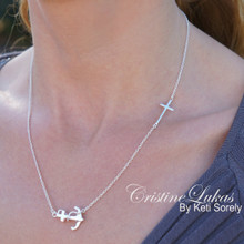 Sideways Cross Necklace with Anchor Charm - Sterling Silver, Yellow or Rose Gold