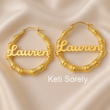 Celebrity Style Bamboo Name Earrings with Yellow or Rose Gold Overlay 